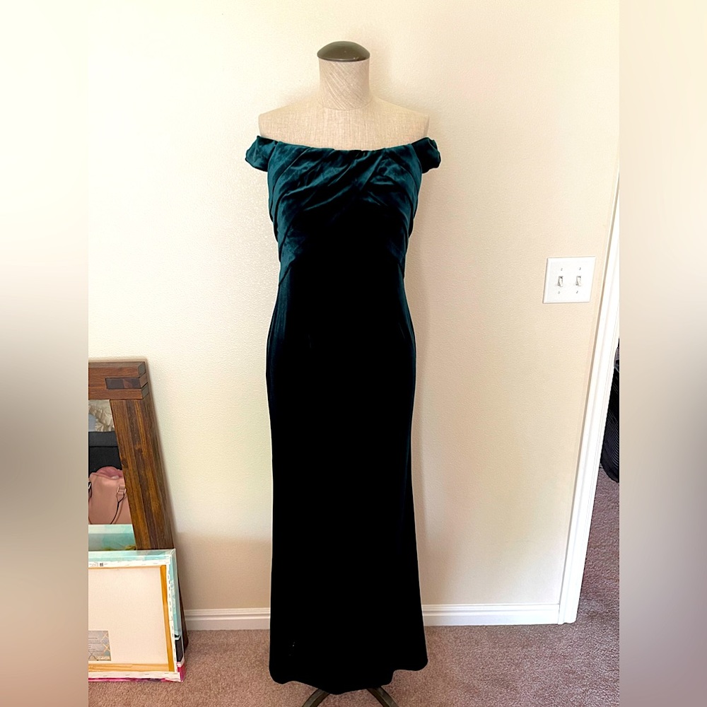 Green velvet off the shoulder gown